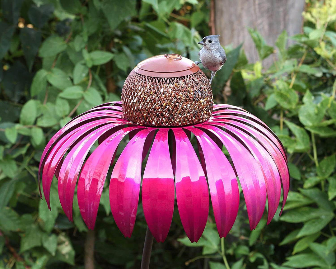 Mangeoire à oiseaux florale élégante en acier, rouge et bleu. Sublime votre jardin extérieur et nourrit la nature.