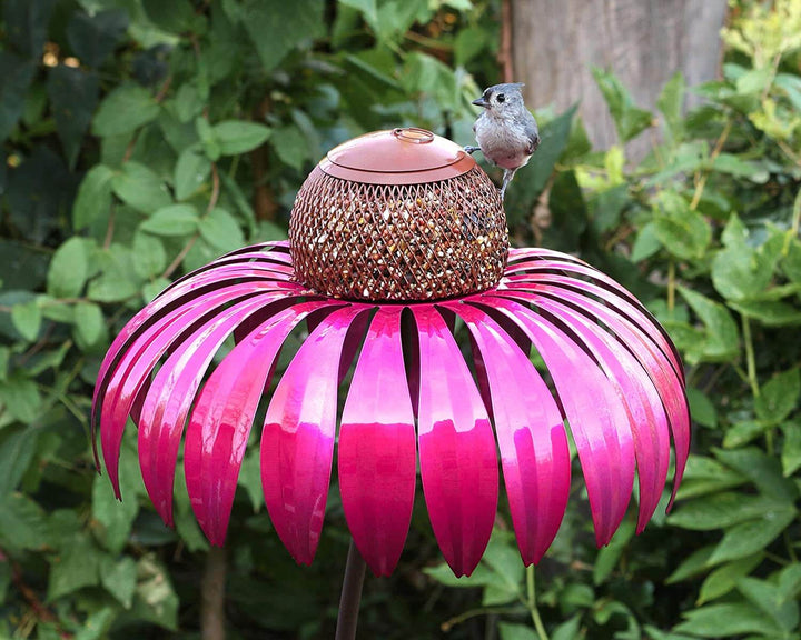 Mangeoire à oiseaux florale élégante en acier, rouge et bleu. Sublime votre jardin extérieur et nourrit la nature.
