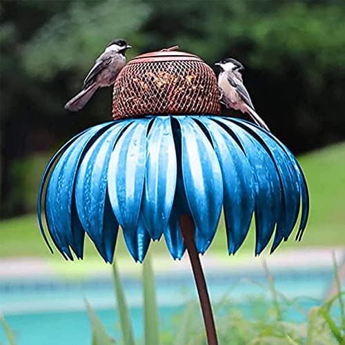 Mangeoire à oiseaux florale en acier, design rouge et bleu, parfait pour la décoration de jardin extérieur et la nature.