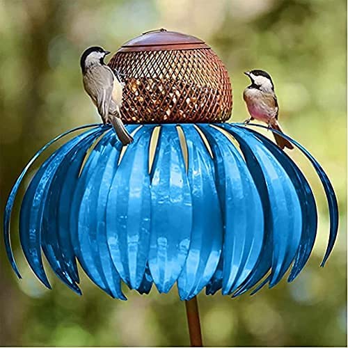Mangeoire à oiseaux florale en acier rouge/bleu pour jardin. Décoration extérieure élégante, attire la nature.