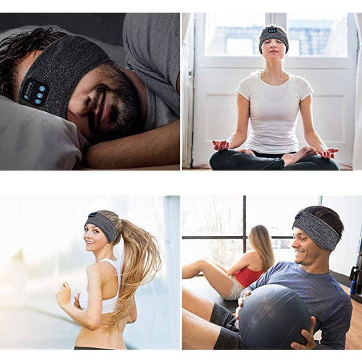 Bandeau Bluetooth avec écouteurs intégrés, idéal pour le sport, la relaxation et les appels mains libres.