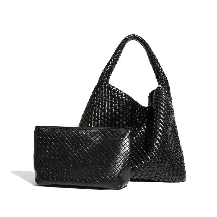 Sac cabas abricot tressé en cuir PU pour femme, style moderne et spacieux. Accessoire mode féminin.
