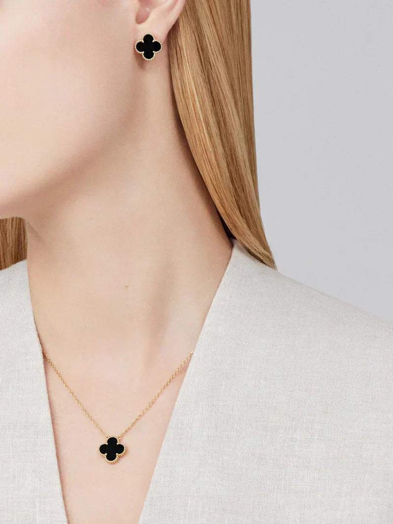 Collier et boucles d'oreilles trèfle noir doré 18K en acier inoxydable hypoallergénique pour femme.