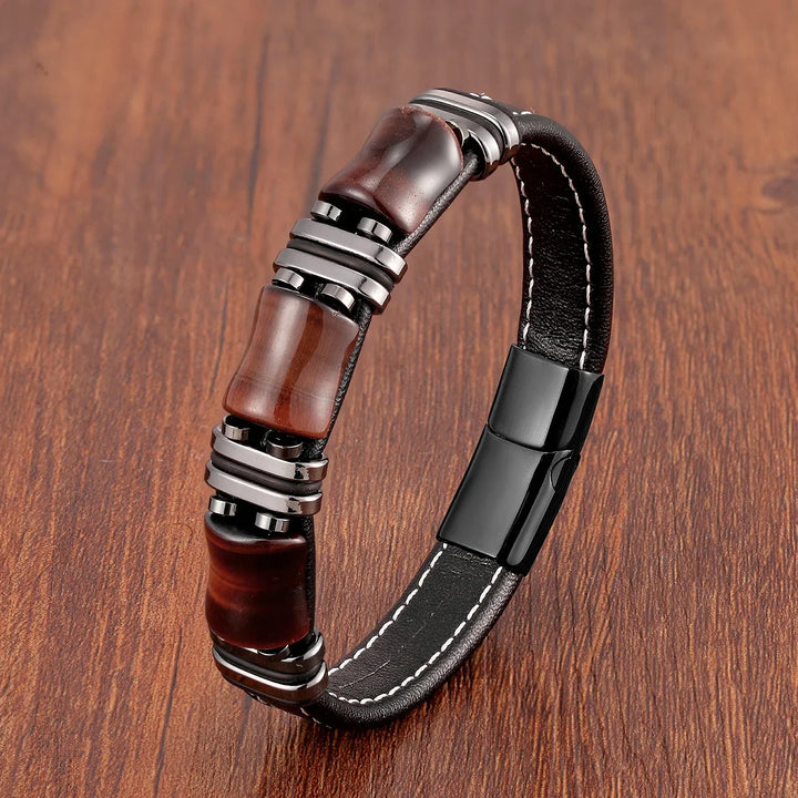 Accessoire de mode: bracelet en cuir véritable et pierre naturelle œil-de-tigre. Style énergétique et protection.