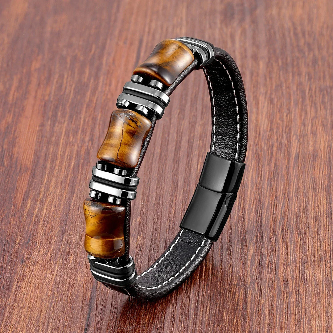 Bijou unisexe: bracelet en cuir robuste et authentiques pierres d'œil-de-tigre, pour un style affirmé.
