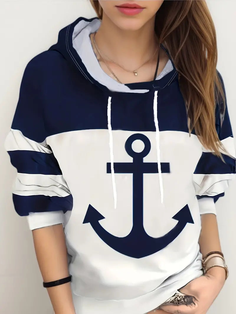 Vêtement unisexe: sweat à capuche décontracté avec ancre maritime. Style polyvalent pour une ambiance nautique.