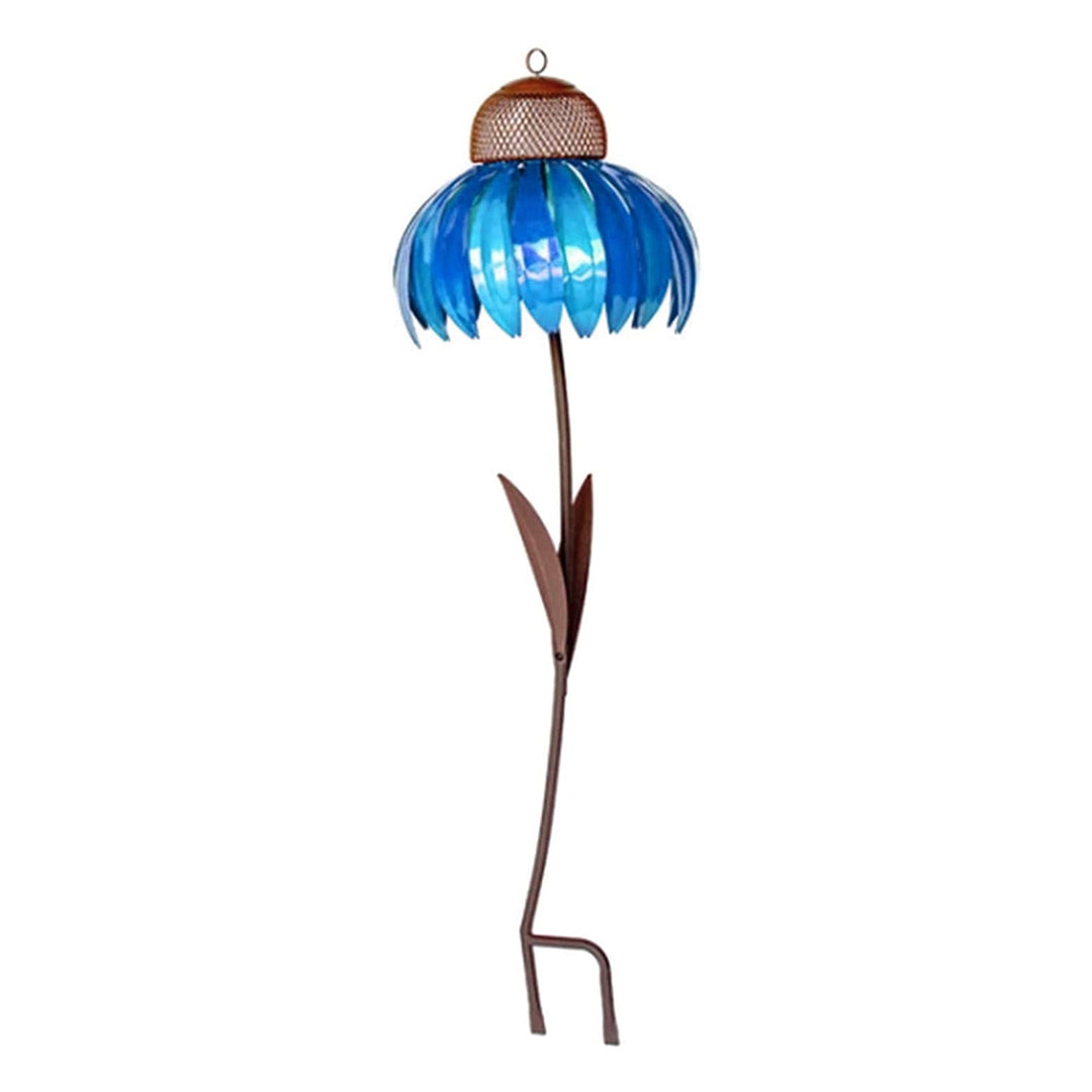 Accueillez la nature avec cette mangeoire à oiseaux florale en acier rouge et bleu, parfaite pour votre jardin extérieur.