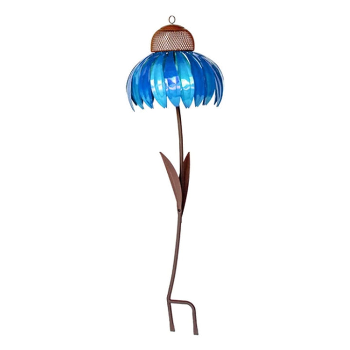 Accueillez la nature avec cette mangeoire à oiseaux florale en acier rouge et bleu, parfaite pour votre jardin extérieur.