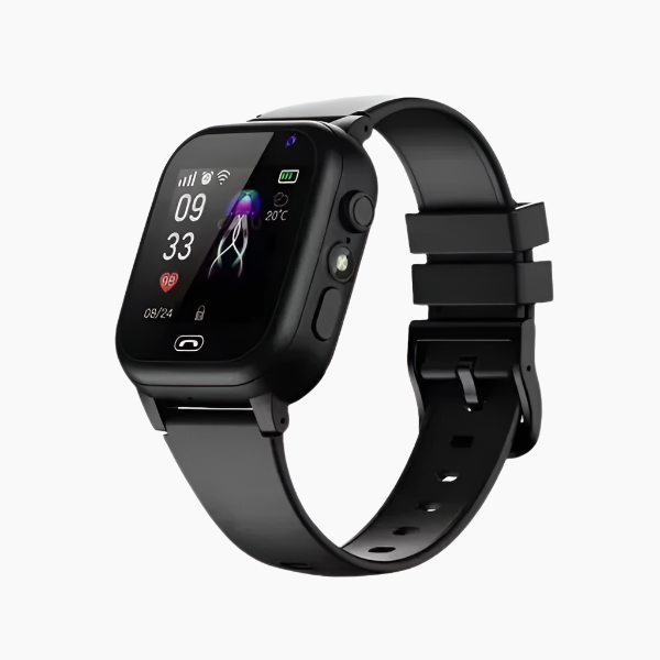 Smartwatch enfant durable en silicone, étanche IP67, avec suivi GPS et bouton SOS pour la tranquillité des parents.