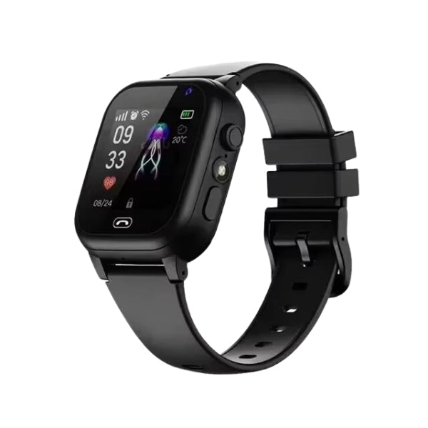 Montre intelligente pour enfant rose avec suivi GPS temps réel, caméra intégrée et fonctions de communication vocale.