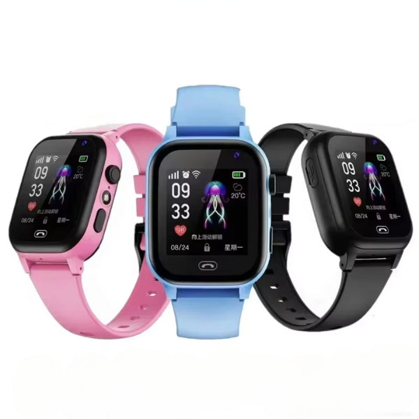 Montre connectée enfant bleue avec GPS, caméra et appels sécurisés. Idéale pour la sécurité et la communication.