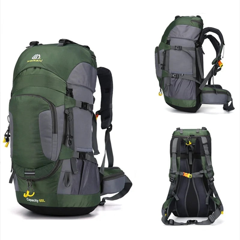 Grand sac à dos de voyage 60 litres, imperméable, idéal pour la randonnée et les expéditions.