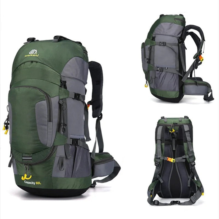Grand sac à dos de voyage 60 litres, imperméable, idéal pour la randonnée et les expéditions.