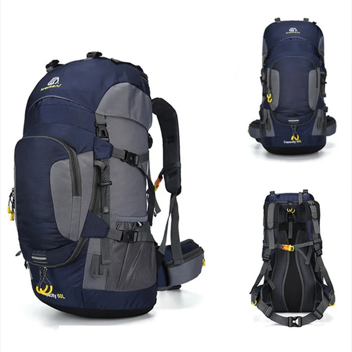 Sac à dos unisexe 60L, imperméable et confortable, idéal pour les longues randonnées et voyages.