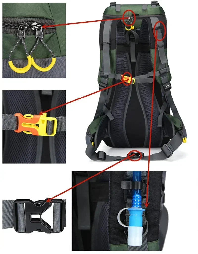 Équipement de camping: Sac à dos 60L imperméable et résistant, parfait pour vos expéditions en nature.