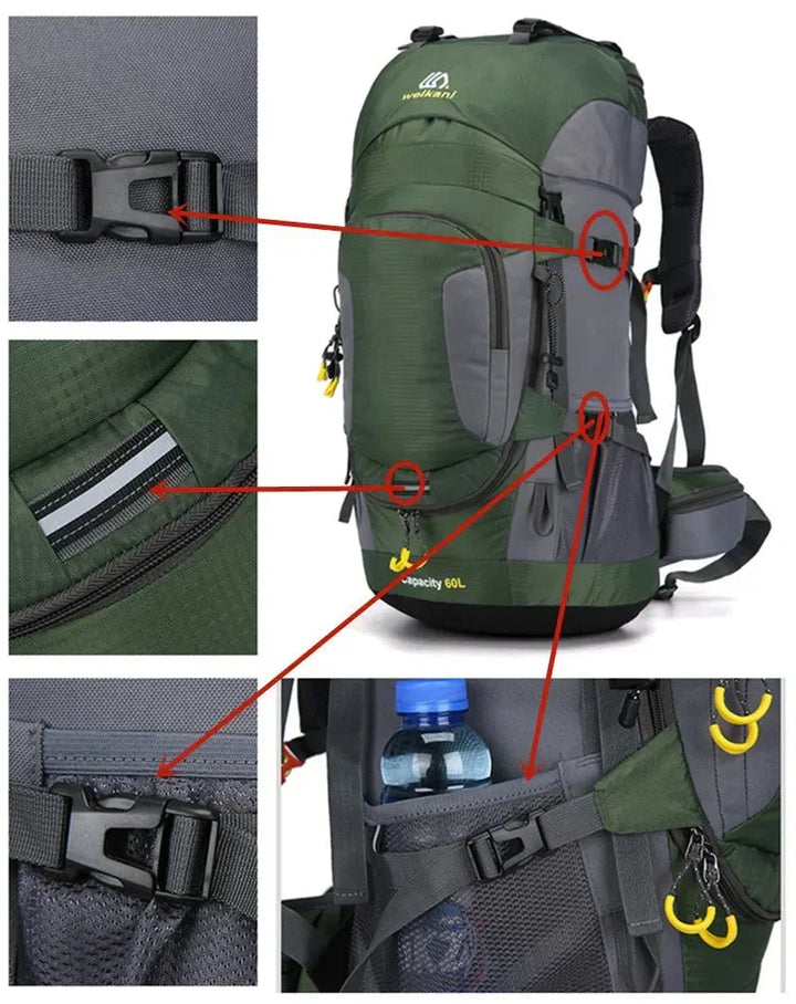 Sac à dos de randonnée 60L, robuste et imperméable, essentiel pour l'aventure en montagne et le camping.