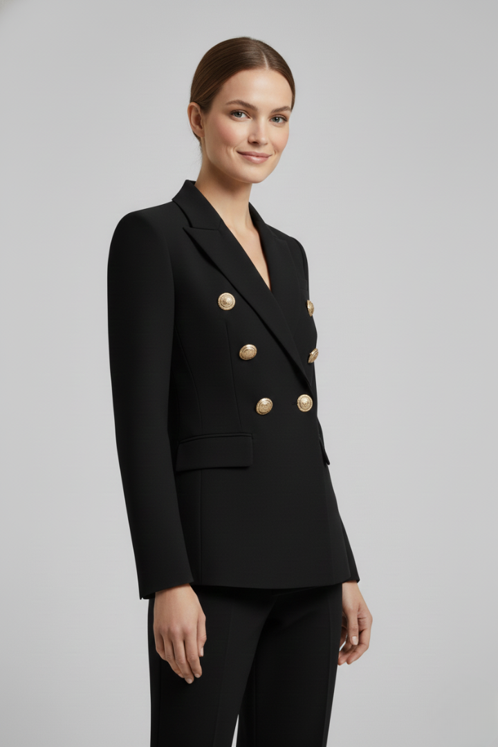 Blazer tailleur femme élégant à double boutonnage doré, un indispensable pour une garde-robe polyvalente.