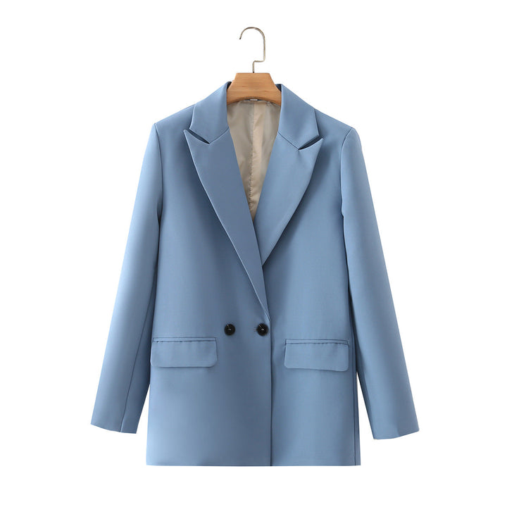 Blazer femme élégant, veste croisée pour le bureau, avec revers en pointe raffinés.