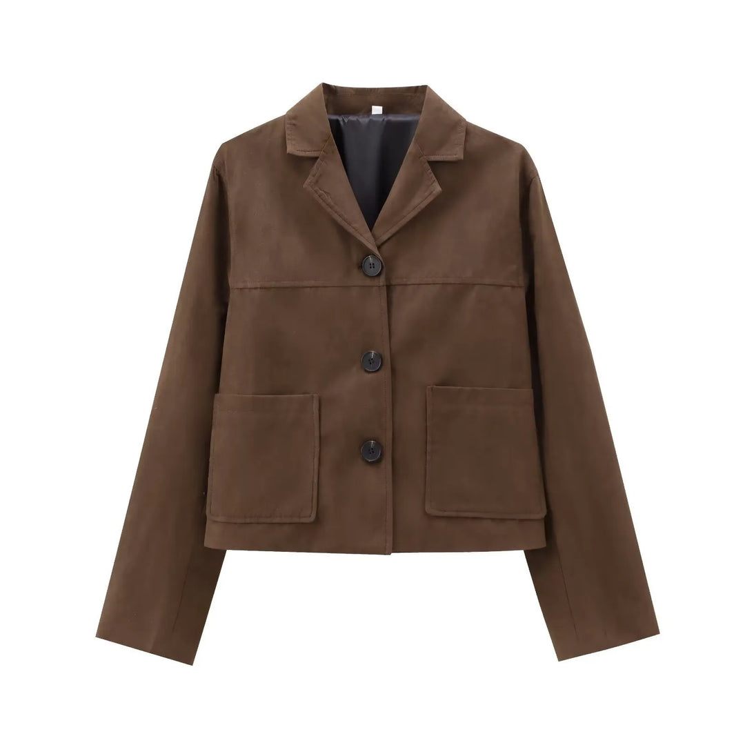 Veste blazer femme mi-saison à boutons, style polyvalent et élégant, parfait pour le bureau ou look décontracté.