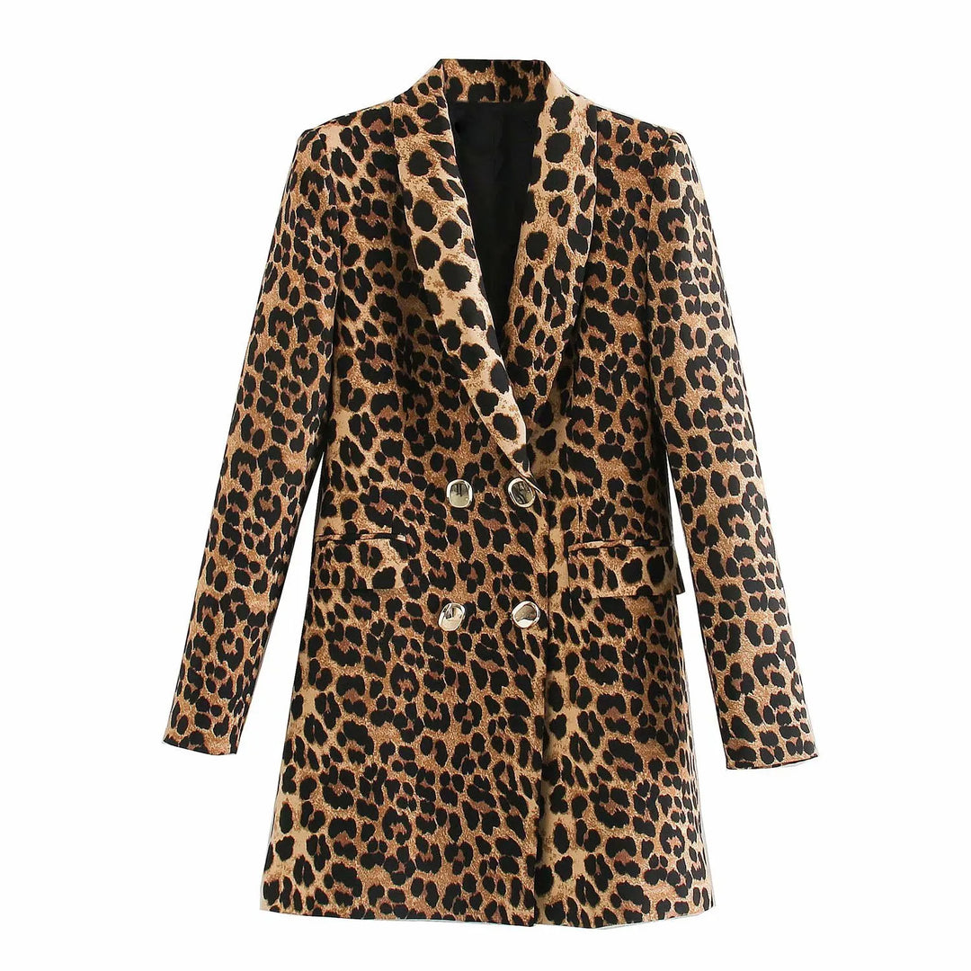 Blazer femme long à imprimé léopard, design moderne et élégant, ajoute une touche audacieuse à votre garde-robe.