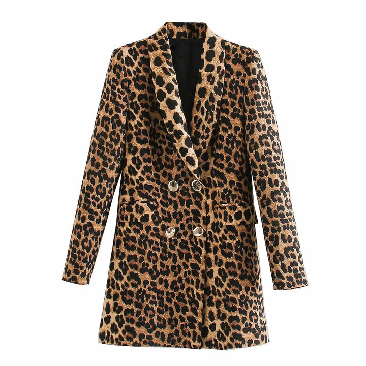 Blazer femme long à imprimé léopard, design moderne et élégant, ajoute une touche audacieuse à votre garde-robe.