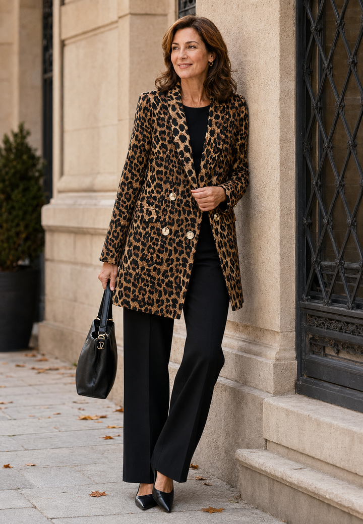 Blazer long léopard femme élégant, imprimé animal tendance, idéal pour la mode automne-hiver chic.