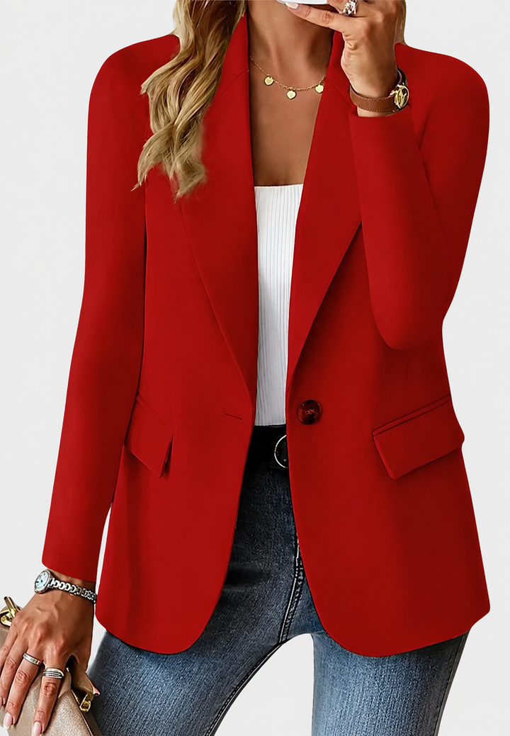 Blazer femme élégant, coupe droite, chic, un bouton. Idéal pour le bureau ou une tenue décontractée.