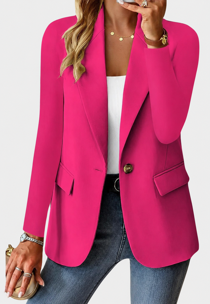 Blazer femme élégant à un bouton, coupe droite. Veste tailleur chic pour le bureau et les occasions spéciales.