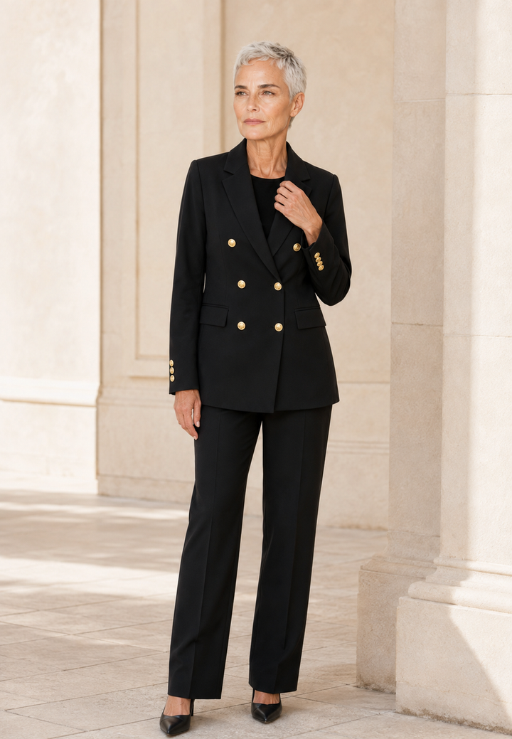 Blazer femme élégant à double boutonnage, coupe ajustée, idéal pour bureau ou chic décontracté.