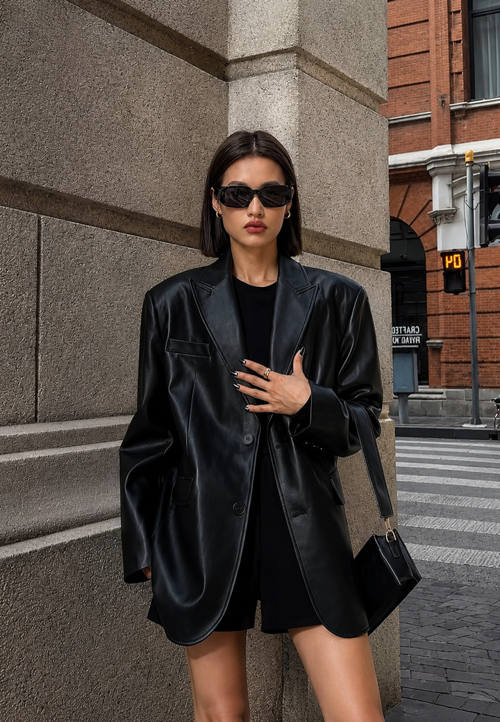 Détail du col revers moderne sur blazer femme élégant noir. Veste chic à coupe ample, mode automne.