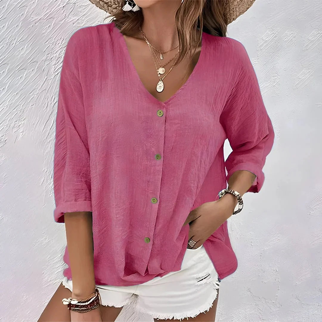 Blouse casual femme à col V et manches courtes. Ce haut chic et polyvalent est parfait pour la mode quotidienne.