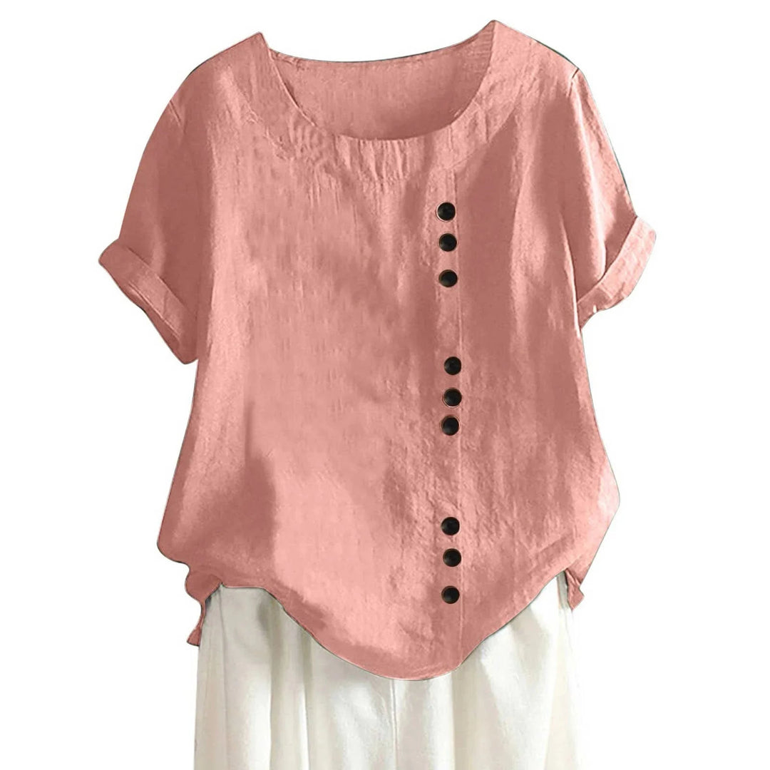 Blouse femme chic asymétrique, boutonnée, manches courtes, parfaite pour le bureau ou look élégant moderne printemps-été.