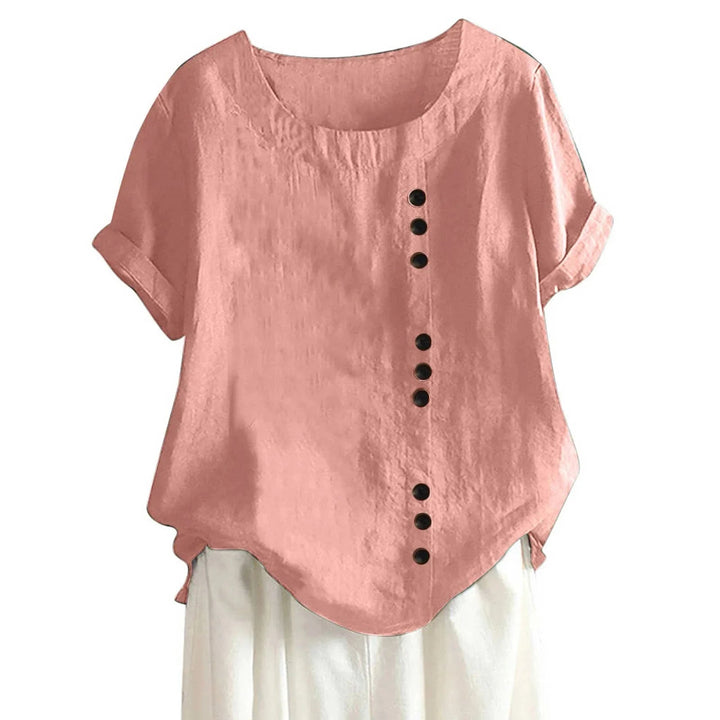 Blouse femme chic asymétrique, boutonnée, manches courtes, parfaite pour le bureau ou look élégant moderne printemps-été.