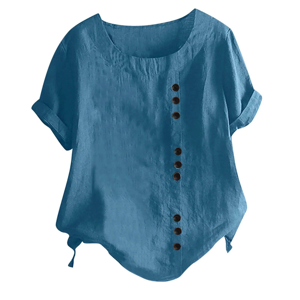 Élégante blouse femme moderne à boutons asymétriques, idéale pour tenue chic décontractée, printemps/été, bureau ou quotidien.