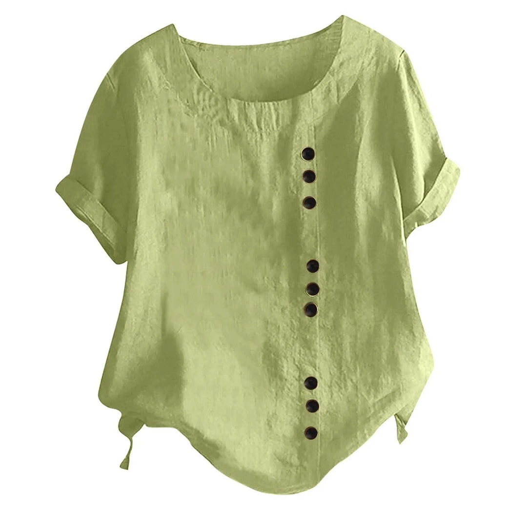 Blouse femme chic à manches courtes, coupe asymétrique, confortable et moderne pour un style décontracté élégant printemps/été.