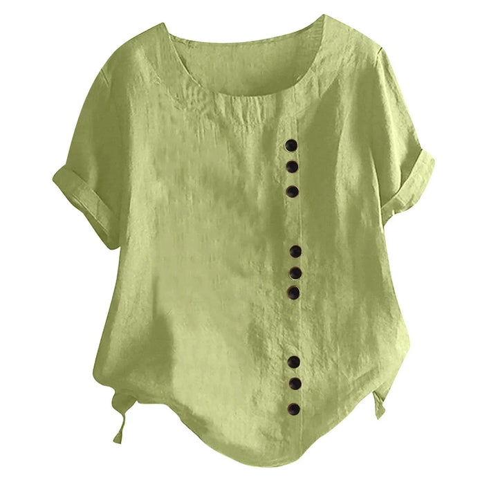 Blouse femme chic à manches courtes, coupe asymétrique, confortable et moderne pour un style décontracté élégant printemps/été.