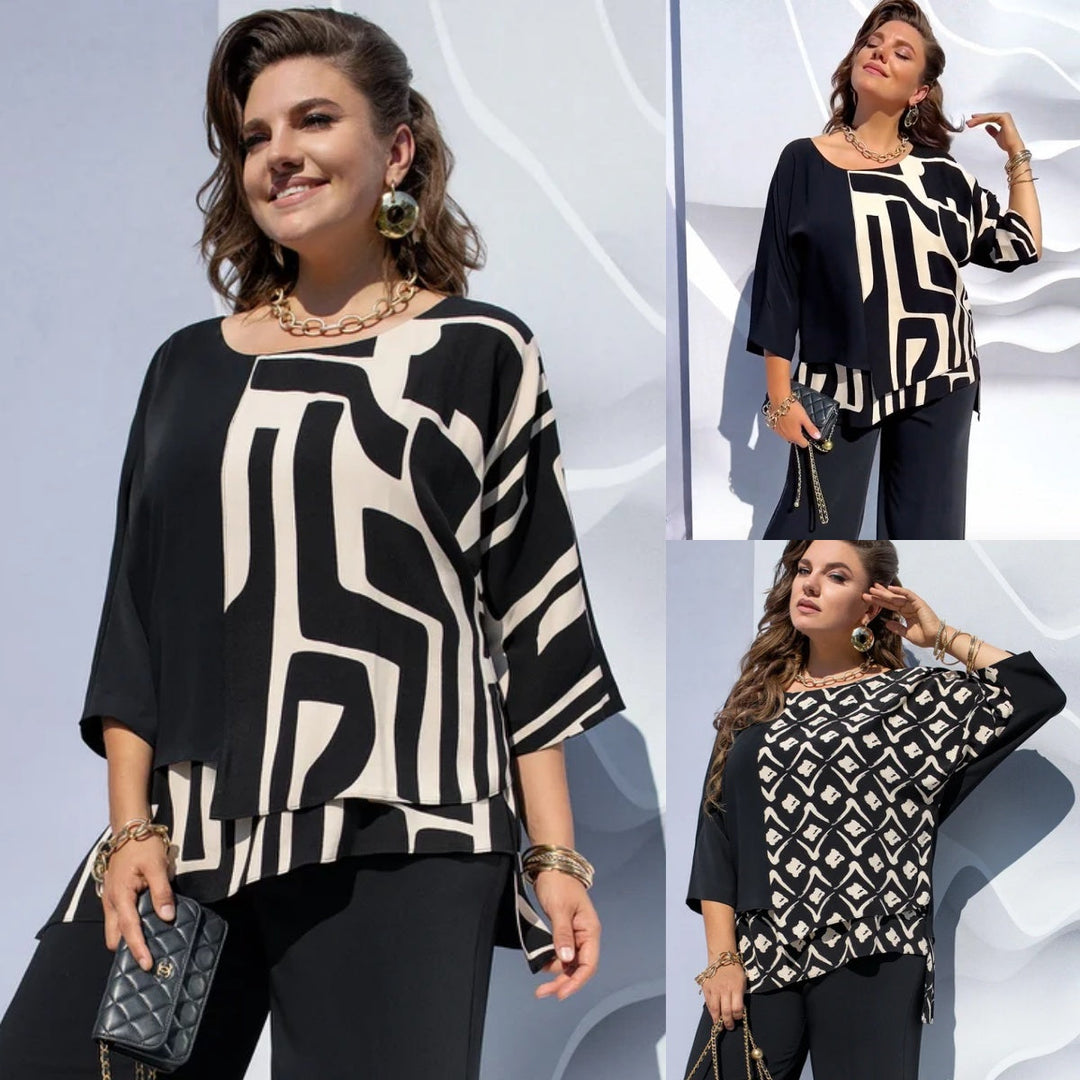 Vêtement mode femme: blouse élégante à imprimé graphique, effet superposé. Blouse chic moderne pour look stylé.
