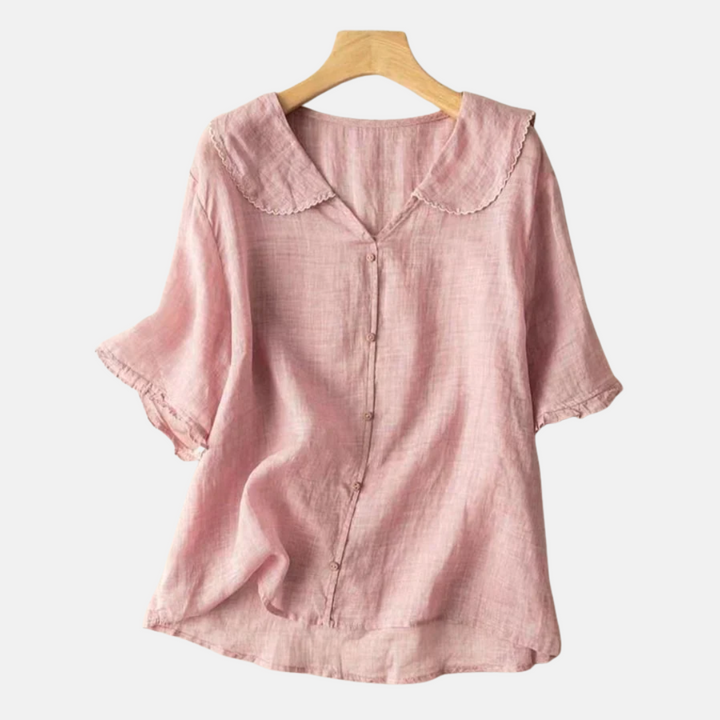 Haut femme aérien à col Claudine, blouse légère au design vintage pour un confort quotidien raffiné.