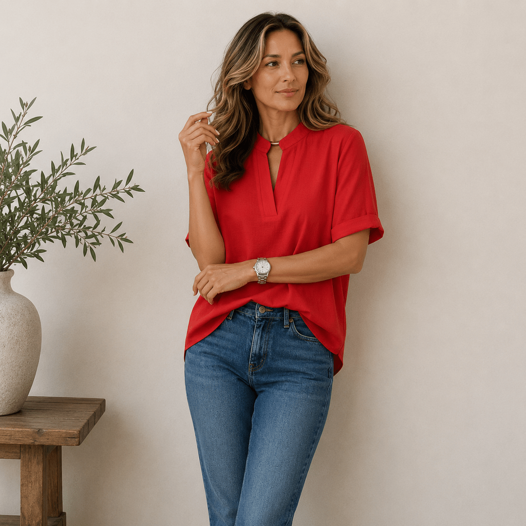 Blouse chic décontractée pour femme, col V fluide. Parfaite pour le printemps et l'été.