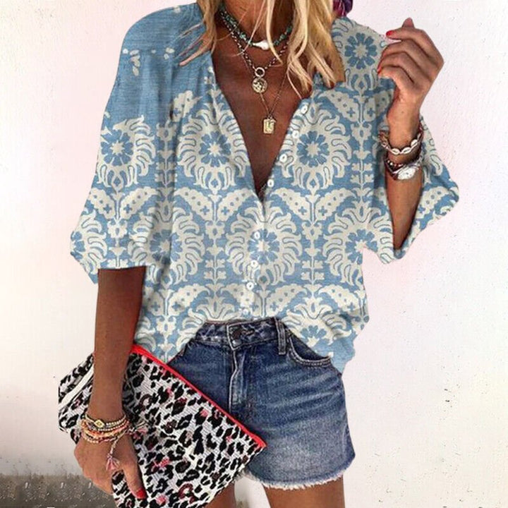 Blouse imprimée femme, coupe décontractée. Manches 3/4, chemisier élégant polyvalent pour toutes saisons.