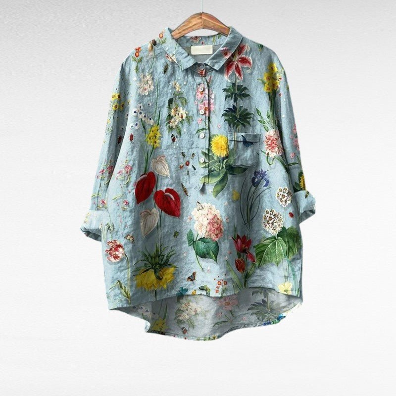 Blouse longue fluide femme à motif floral multicolore, idéale pour un look d'été décontracté chic.
