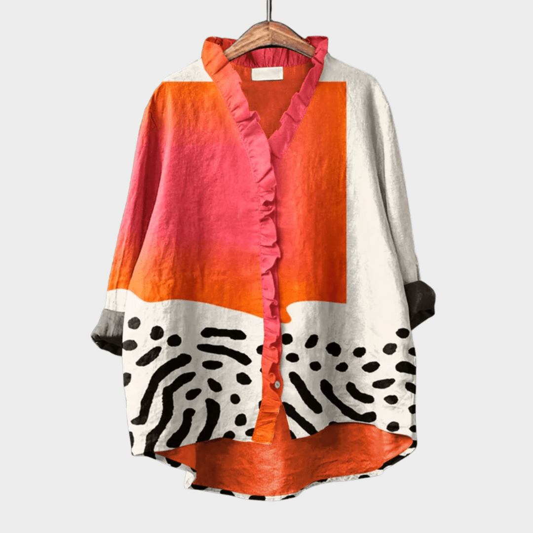 Blouse artistique femme chic à manches longues et col en V, motif original pour confort quotidien. Idéale printemps/été.