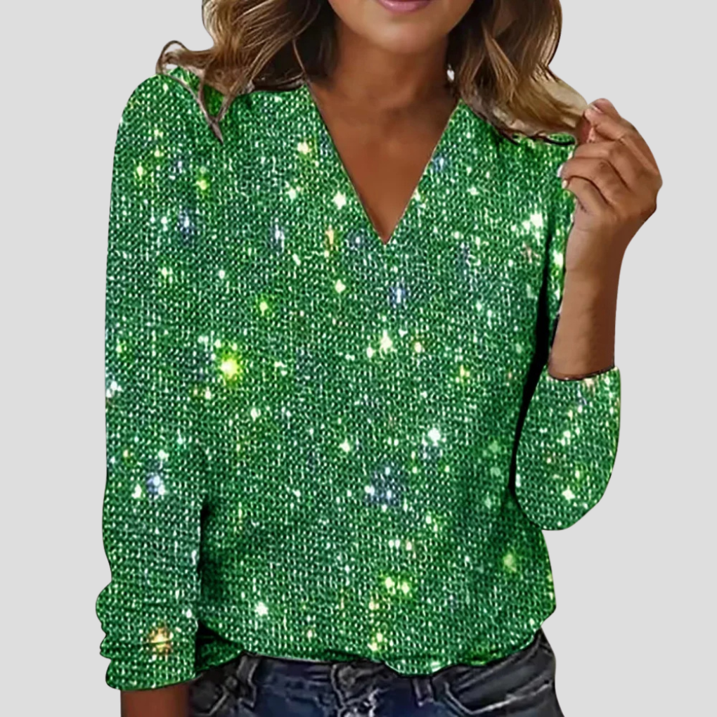Chic blouse femme à paillettes brillantes et col V. Manches longues élégantes pour soirée ou fête. Tendance mode.