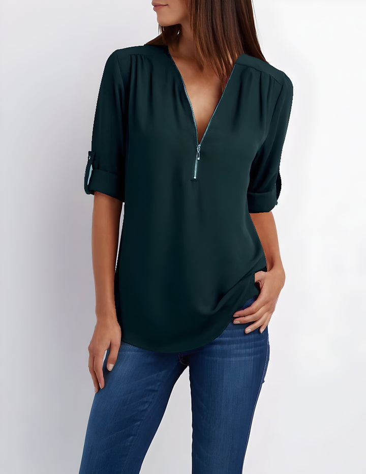 Blouse femme mode, zippée, élégante et ultra-polyvalente, un must-have chic pour votre garde-robe.