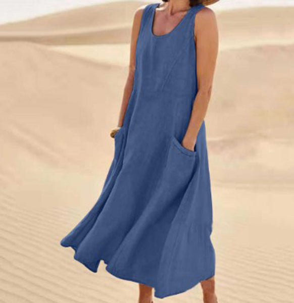 Femme portant une robe décontractée avec poches, alliant confort et style sans effort.