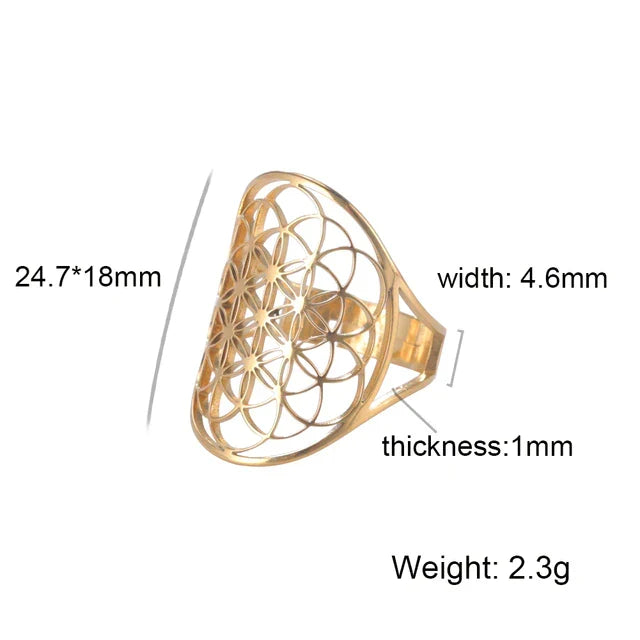 Bague ajustable Fleur de Vie ovale, détails fins, unisexe. Symbole d'harmonie en argent 925 ou or.