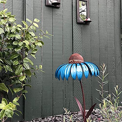 Mangeoire à oiseaux florale rouge et bleue pour jardin. Décoration en acier durable pour l'extérieur.