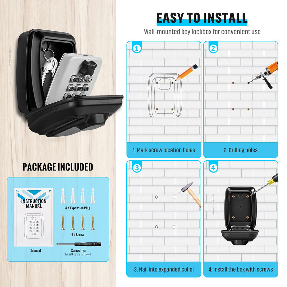 Boîte à clés extérieure noire avec serrure à code. Solution murale sécurisée pour un accès facile et protégé.