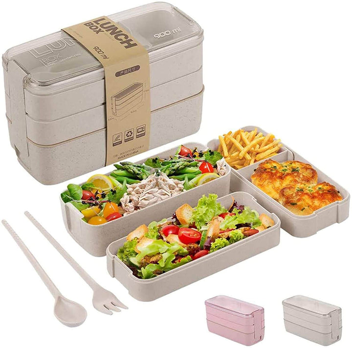 Boîte bento 3 niveaux, portable, paille de blé. Idéale pour repas équilibrés au travail ou à l'école.