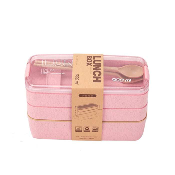 Bento écologique durable en paille de blé, 3 compartiments. Parfait pour déjeuner et pique-nique.